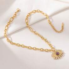 1pc Fashion Simple Elegant Stainless Steel Rhinestone Striped Evil Eye Pendant Necklace, Suitable For Holiday And Daily Wear