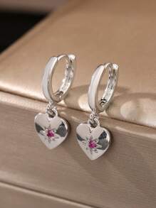 1 Pair Elegant & Fashionable Copper Micro-Inlaid Pink Cubic Zirconia Heart Pendant Earrings, Versatile Sweet Gift For Women, Valentine's Day