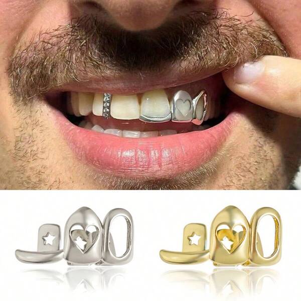 Herzförmige Grillz, Cut Out ausgearbeitete dreischichtige Grillz mit Herz-Design, Modezubehör, Hip-Hop Grillz