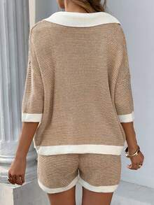 女士条纹针织宽松短袖 Polo 衫和短裤套装，休闲优雅，日常穿着，随机条纹，适合春夏、返校季和秋季女装