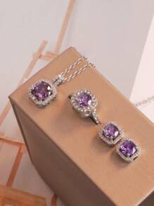 Conjunto de 4 brincos, colares e anéis elegantes retangulares decorados com strass, presente feminino de luxo