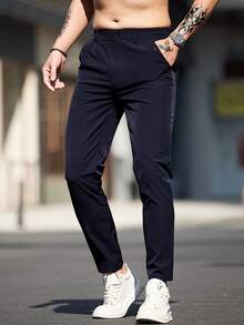Men's Solid Color Pockets Casual Commute Tapered Pants - Royal Blue - View 4