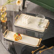 1pc Elegant Gold Trimmed PS Plastic Tray Set - Multipurpose Rectangular Tray For Kitchen, Dining Room, Living Room - Great For Tea, Snacks, Candy, Baked Goods - Perfect For Weddings, Gifts, Birthday Events