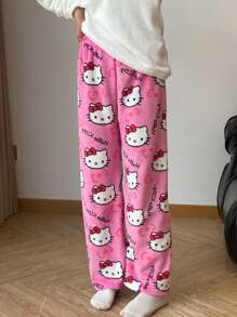 Men's New Autumn And Winter Flannel Thick Home Pants Casual Loose Lovely KT Print Pajama Pants Couple Elegant Wear With Home Clothes