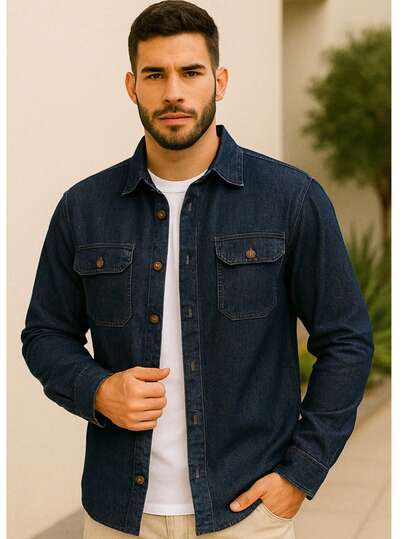 Jaqueta Masculina Jeans Manga Longa De Botões  Outono  Primavera / Outono    Ajuste Regular    Bolso