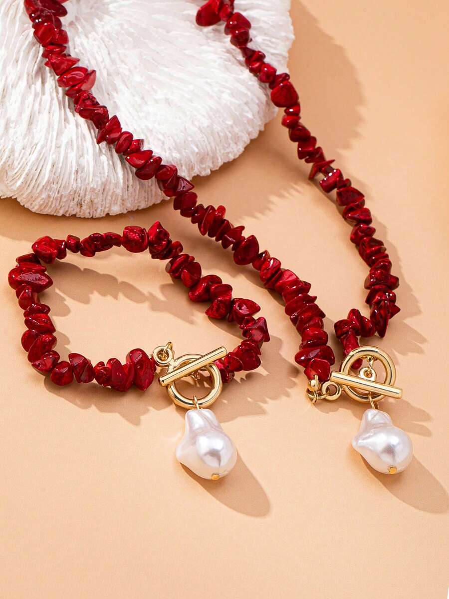 Women's Jewelry Set With Turquoise Fragments And Imitation Baroque Pearls, Includes 2pcs Simple Alloy Fashion Accessories, Necklace And Bracelet Set, Suitable For Everyday Wear - Red and White - View 1