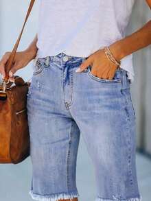 Plus Size Casual Ripped Bermuda Denim Shorts Medium Stretch For Women - 淺藍色 - 查看 2