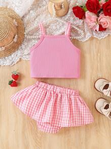 2pcs Baby Girl Summer Outfit Set 2025 - 3D Cherry Embroidered Camisole & Plaid Romper, Lightweight Infant Clothes(Age 3-6M,6-12M,12-24M)