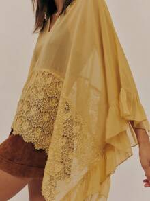 Womens Y2K Lace Patchwork Frill Poncho Tops Solid Color See Through Batwing Sleeve V Neck Ruffle Hem Loose Fit Sheer Mesh T Shirts Blouses Boho Peplum Shawl Shirts Summer Going Out Tops Beach Cover Up Vacation Streetwear - 黃色 - 查看 3