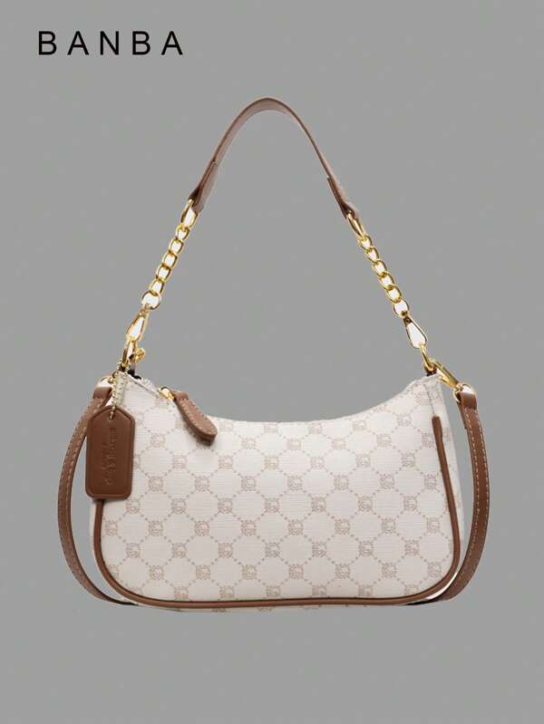 1pc Women's Solid Color PU Shoulder Bag, Versatile Underarm Bag For Work Commute, Adjustable Strap Crossbody Chain Bag, Underarm Tote Handbag With Foil Letter