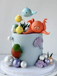 1pc Undersea World Cake Decorations, Ocean Series Octopus, Turtle, Whale, Stingray, Bubble Fish, Coral Decor For Baby Shower, Birthday Party, Dessert Table Decor - Multicolor - View 2