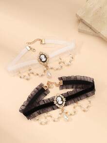 1 件巴洛克风格颈链套装，带浮雕吊坠和珍珠，女士时尚珠宝颈链、珍珠颈链、复古珠宝、哥特式配饰 - 彩色 - 查看 8