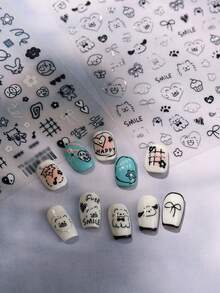Beautizon Nailartlab 1张可爱线条画狗狗、猫咪、兔子美甲贴纸，DIY美甲沙龙创意卡通装饰美甲贴纸 - 彩色 - 查看 1