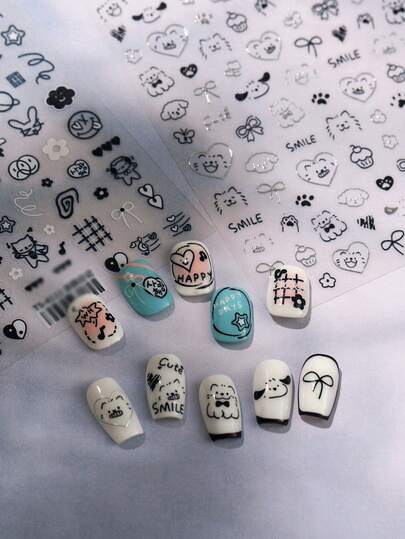 Beautizon Nailartlab 1张可爱线条画狗狗、猫咪、兔子美甲贴纸，DIY美甲沙龙创意卡通装饰美甲贴纸美甲用品