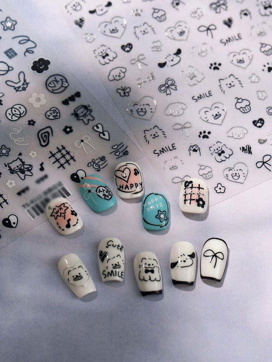 Beautizon Nailartlab 1张可爱线条画狗狗、猫咪、兔子美甲贴纸,DIY美甲沙龙创意卡通装饰美甲贴纸 - 彩色 - 查看 1