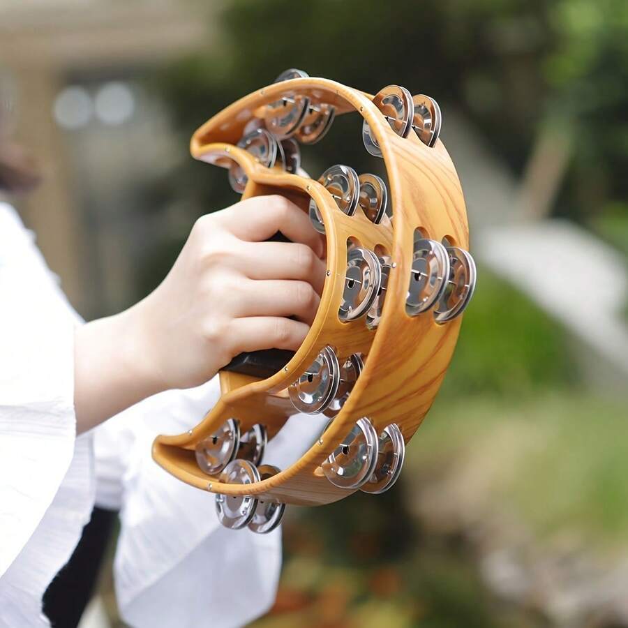 Double Row Jingles, Half Moon Musical Tambourine Double Row Handbell Tambourine Metal Jingles With Ergonomic Grip Percussion Instrument For KTV Party Church, Imitation Wood Color - 咖啡棕 - 查看 1