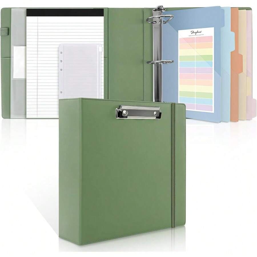 Neww 3 Ring Binder 3 Inch D Ringr Clipboard, PU Heavy Duty Clipboard Binder Notepad & 5 Dividers 5 Pockets, Labels, Clipboard Folder Great For School Office - 橄欖綠字母尺寸 - 3 英寸 - 查看 1