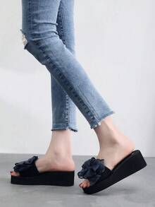 Women's Solid Color Sandals, Bowknot Decor Slip On Platform Beach Slides, Non-Slip Vacation Wedge Slides - Blue - View 4