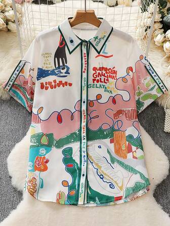 Personalized Grafitti Print Linen Single Row Multi-Button Shirt