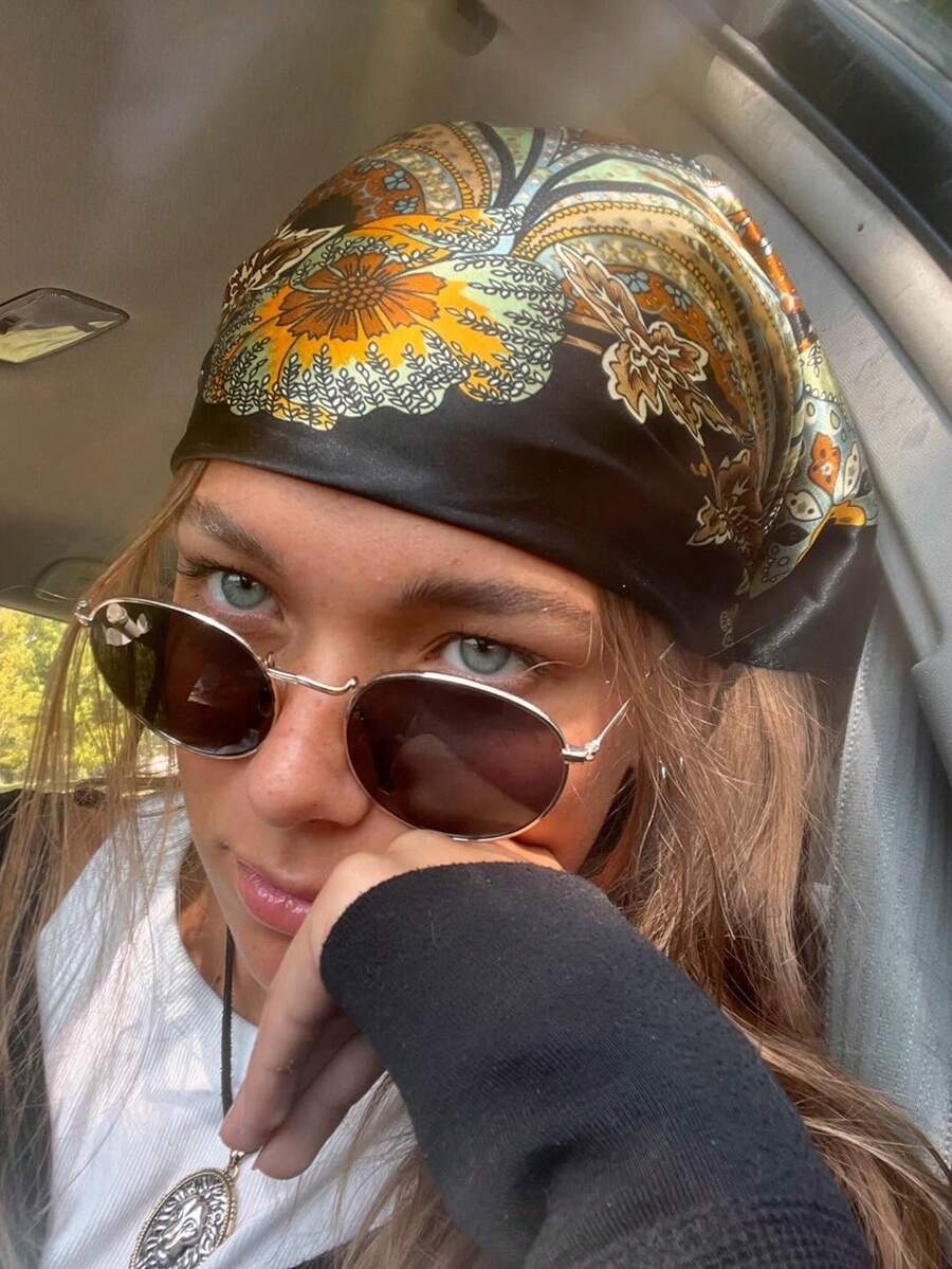 1 件女士时尚奢华花卉和佩斯利印花真丝头巾，轻质围巾披肩，适合夏季休闲和户外，适合日常佩戴时尚发饰波西米亚风发带 - 黑色 - 查看 1