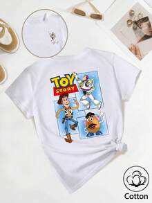 Ladies Men [  Series] Woody, Buzz , Mr Egghead Plaid Patchwork Clashing Colour Printed Leisure Entertainment Amusement Park Attend Party Round Neck Loose Comfortable Cotton Normal Shoulder White T-Shirt - 白色 - 查看 1