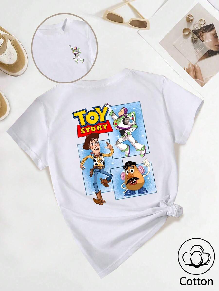 Ladies Men [  Series] Woody, Buzz , Mr Egghead Plaid Patchwork Clashing Colour Printed Leisure Entertainment Amusement Park Attend Party Round Neck Loose Comfortable Cotton Normal Shoulder White T-Shirt - 白色 - 查看 1