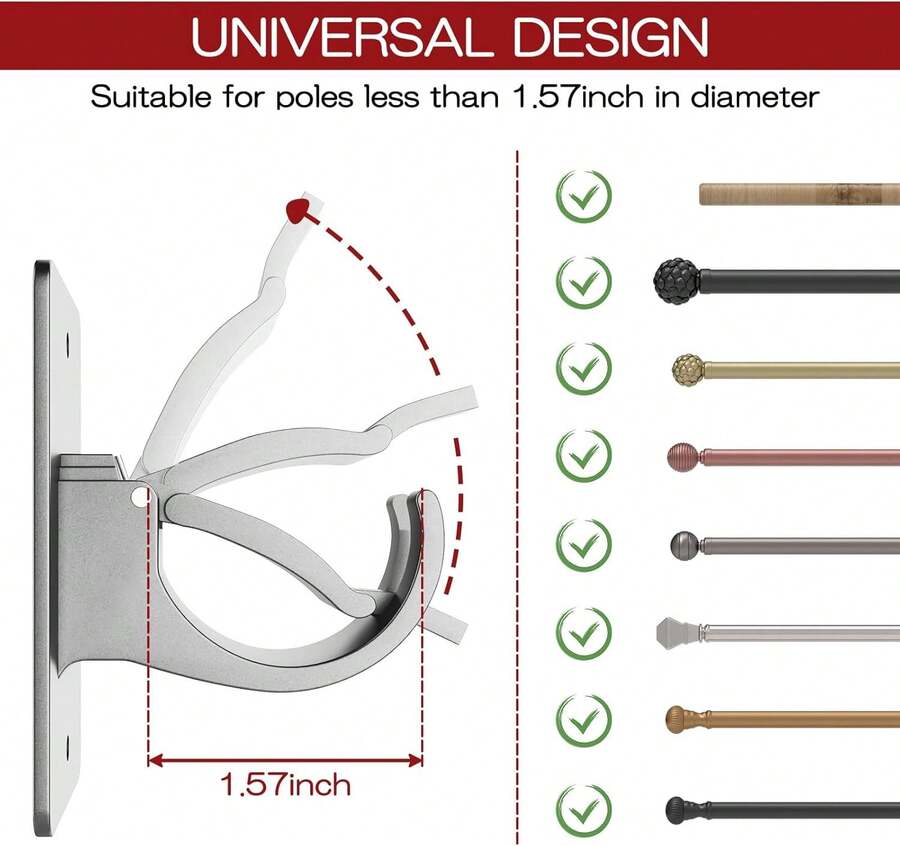 4PCS No Drill Curtain Rod Brackets, Self-Adhesive Curtain Rods No Drilling, Nail Free Adjustable Curtain Rod Holders, Curtain Hooks For Rod Less Than 1.57 Inch Diameter (Silver) - 銀色 - 查看 1