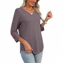 XIEERDUO 3/4 Length Sleeve Womens Tops Dressy Casual Blouses For Women 2025  V Neck T Shirts Summer Clothes - 咖啡灰 - 查看 4