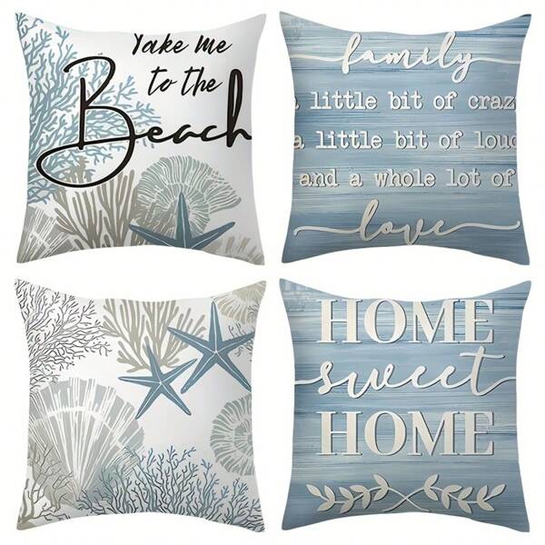 4pcs, Five-Pointed Star And Shell Design Polyester Pillowcase, Suitable For Living Room, Bedroom, Sofa, Bed, Room Without Pillow Core, Comfortable And Soft Pillowcase With Single-Sided Printing, 16x16 18x18 20x20 Inches