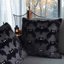 1pc 3D Plush Bat Throw Pillow Cover, Gothic Dark Halloween Witch Theme Decorative Cushion Case, 18" X 18", For Living Room Sofa Bedroom Halloween Decor, Pillow Insert Not Included - Black - View 7