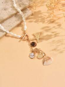 1pc Bohemian Island Style Natural Seashell Beaded Necklace With OT Clasp, Matching Natural Seashell & Starfish, Jewelry For Women, Suitable For Daily Wear, Date, Dinner, Beach Vacation