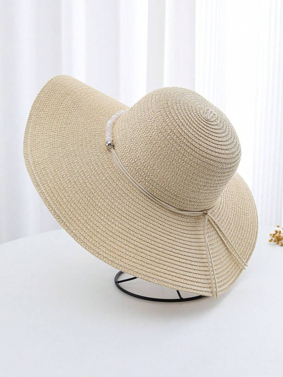 1 件女士串珠宽边草帽，适合度假、海滩、日常穿着