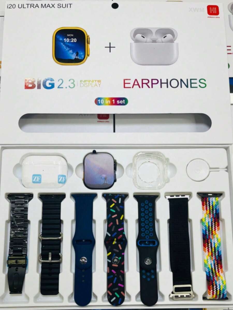 10-In-1 S9Ultra Smart Watch Set Includes Bluetooth Earphones And 7 Colorful Interchangeable Straps. Tracks Steps, Heart Rate, Sleep, Calories & More. Stylish And Waterproof, Perfect For Fitness, Daily Wear, Or Gifting. Compatible With IOS & Android Devices. - Black - View 1