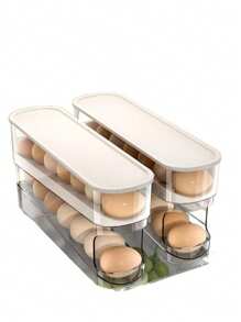 Soporte automático de doble capa para huevos, mantiene los huevos frescos, contenedor deslizante que sostiene de 12 a 14 huevos - Diseño con bisagras, material plástico, sin contacto con alimentos - Organizador de refrigerador, bandeja de huevos de cocina