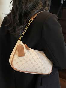 1 件女士纯色 PU 单肩包，适合工作通勤的多功能腋下包，可调节肩带斜挎链条包，腋下托特包带铝箔字母