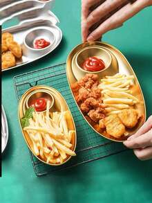 1pc Stainless Steel Sectional Snack Plate, Creative Sushi Dumpling Dish, Oval Small Appetizer Serving Tray, Suitable For Hotel & Restaurant - Gold - View 1