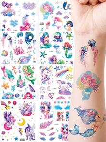 8 张闪光美人鱼和独角兽临时纹身贴纸，适合男孩女孩，卡通防水独角兽彩虹蝴蝶结翅膀美人鱼仙子海洋海星珊瑚海龟图案，生日派对礼物，可持续 2-5 天 - 彩色 - 查看 2