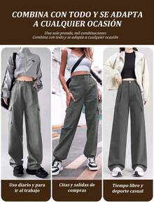 Pantalones anchos de mujer estilo cargo – Pantalón negro de dama de talle alto con bolsillos con solapa – Pantalones acampanados tipo vestir, cómodos y holgados - Gris - Ver 3
