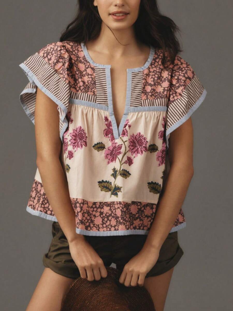 Women Y2K Floral Patchwork Fly Sleeve T Shirts V Neck Loose Fit Striped Trim Vest Shirts Summer Casual Going Out Tank Tops Party Streetwear - 彩色 - 查看 1