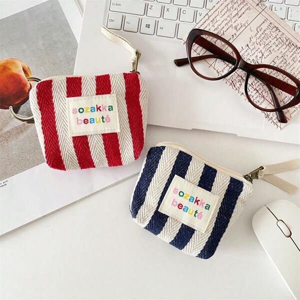 Striped Color-Blocking Makeup Bag Lipstick Pouch Coin Purse