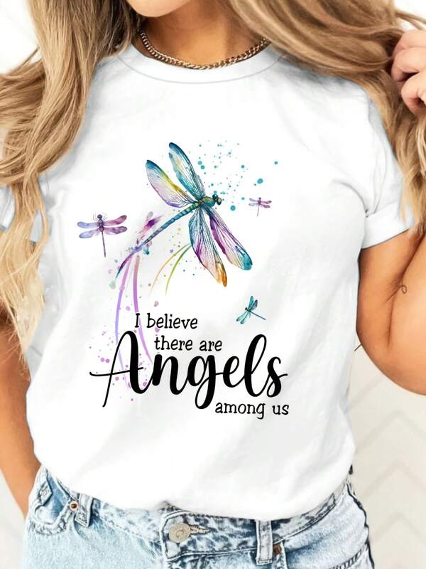 Ladies' Dragonfly Printed Pure Round Neck Short Sleeved T-Shirt
