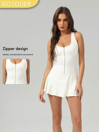 GOSOUER Top sportivo con cerniera argento, schiena aperta, coppe interne, abito da tennis, yoga e fitness, comodo e adatto per l'utilizzo quotidiano e l'attività fisica