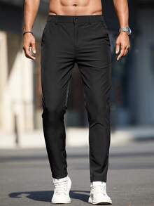 Men's Solid Color Pocket Casual Slim Tapered Pants - Black - View 1