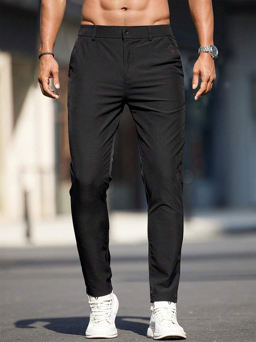 Men's Solid Color Pocket Casual Slim Tapered Pants - Black - View 1