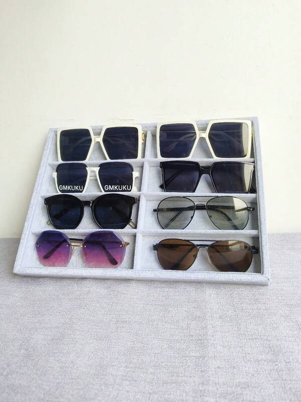 1 pieza Caja de exhibición de gafas de sol de PU de un solo color, vitrina de joyería de verano, bandeja de almacenamiento de joyería, caja de almacenamiento de moda, estante de exhibición de gafas, organizador de gafas multiusos para el hogar/oficina, bandeja de almacenamiento de joyería multifunción para la mesa