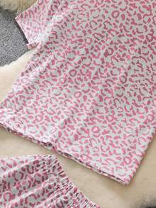 Women's Loose Leopard Print Short Sleeve Top And Shorts Pajama Set/Loungewear 2 Pieces, Spring/Summer Pink - Pink - View 6