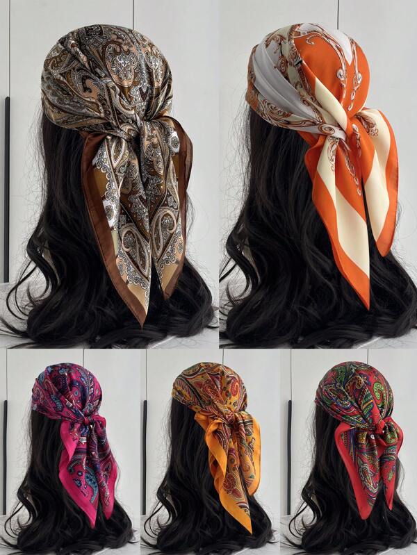 1pc Women Bandana With Paisley Flower Pattern, Square Silk Scarf For Head Wrap And Decoration,Hair Accessories