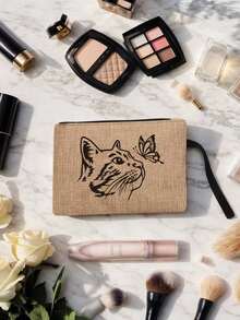 猫咪蝴蝶主题手提包套装：女士手提包和化妆包，包括一个亚麻卡通猫咪图案手提包和一个小包/零钱包，印有猫咪和蝴蝶图案，可作沙滩手提包、时尚大容量化妆包、旅行化妆包、纯色拉链包，适合上学、大学、通勤、生日等场合。