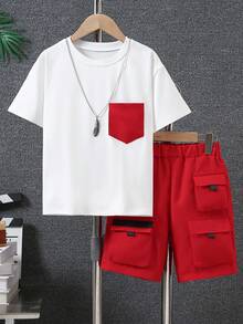 2 件青少年男童休闲短袖 T 恤和工装口袋短裤套装 - 紅色 - 查看 1