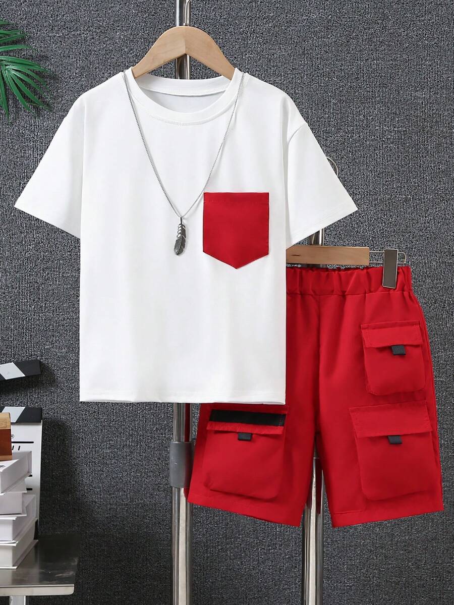 2 件青少年男童休闲短袖 T 恤和工装口袋短裤套装 - 紅色 - 查看 1